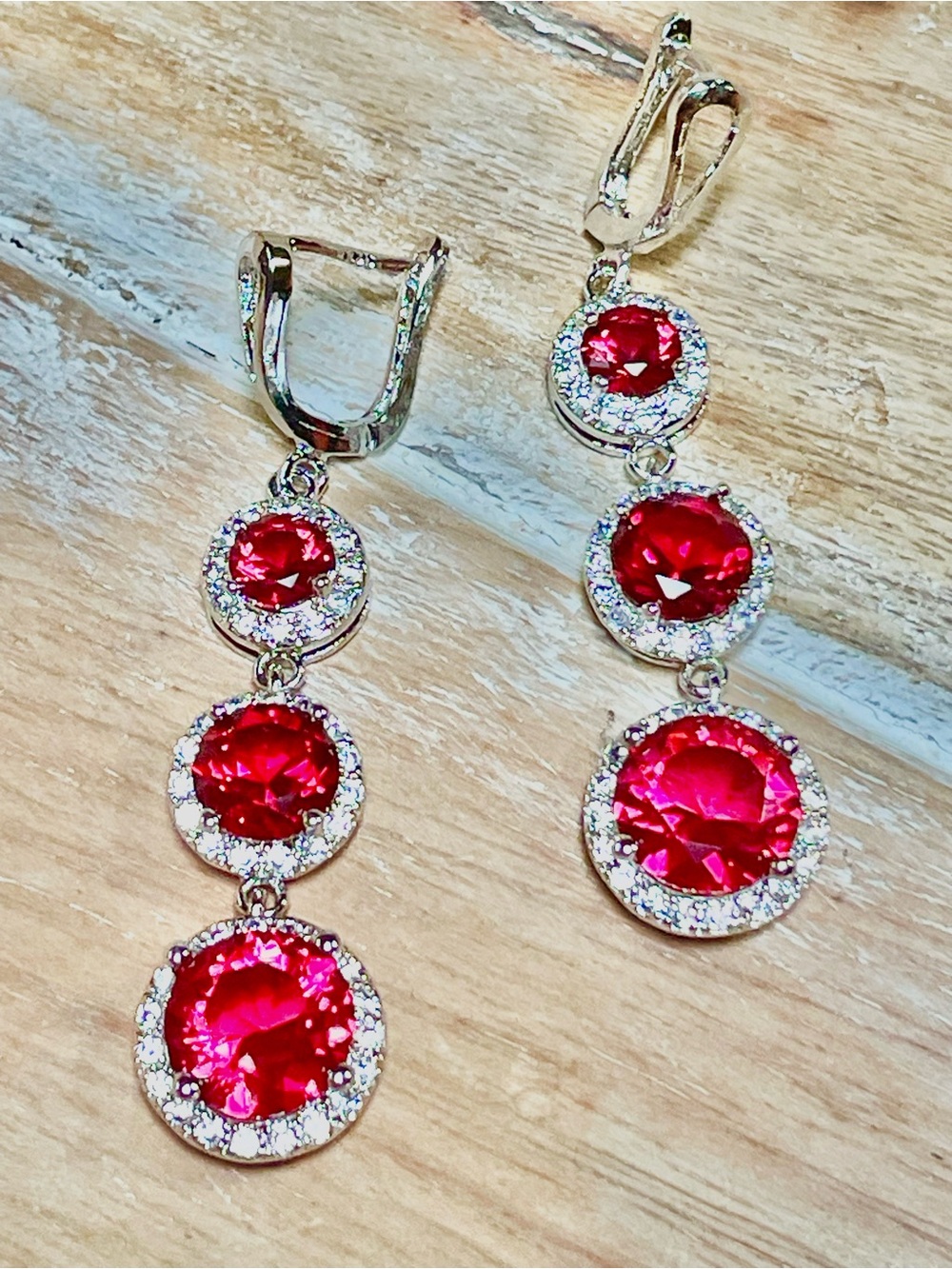Ruby Drop Triple Red Halo Dangle Earrings - Women's Sparkling Jewelry - Picture 4 of 5